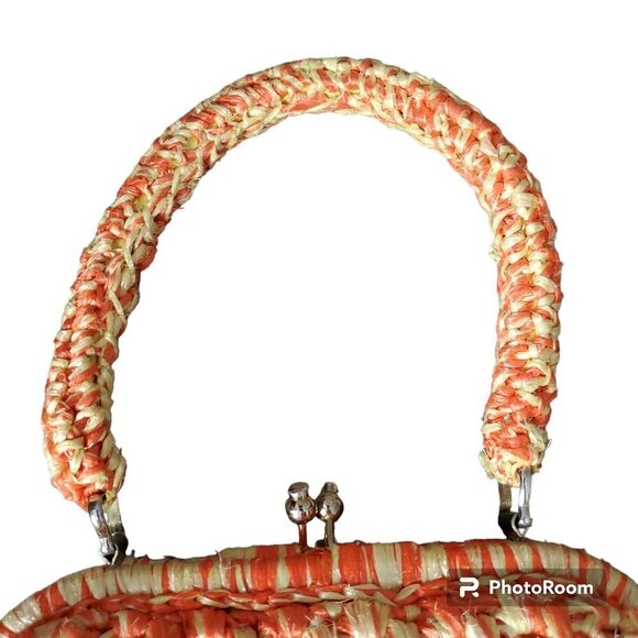 Vintage 1950s 1960s Orange And Yellow Crochet Raffia Handbag Purse - Picture 13 of 13